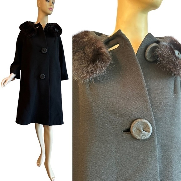 Vintage 60s Fur Collar Swing Coat Oversized Buttons - Picture 1 of 8